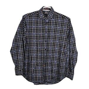 Thomas Dean Large Navy Blue & Gray Plaid Long Sleeve Button Up Shirt